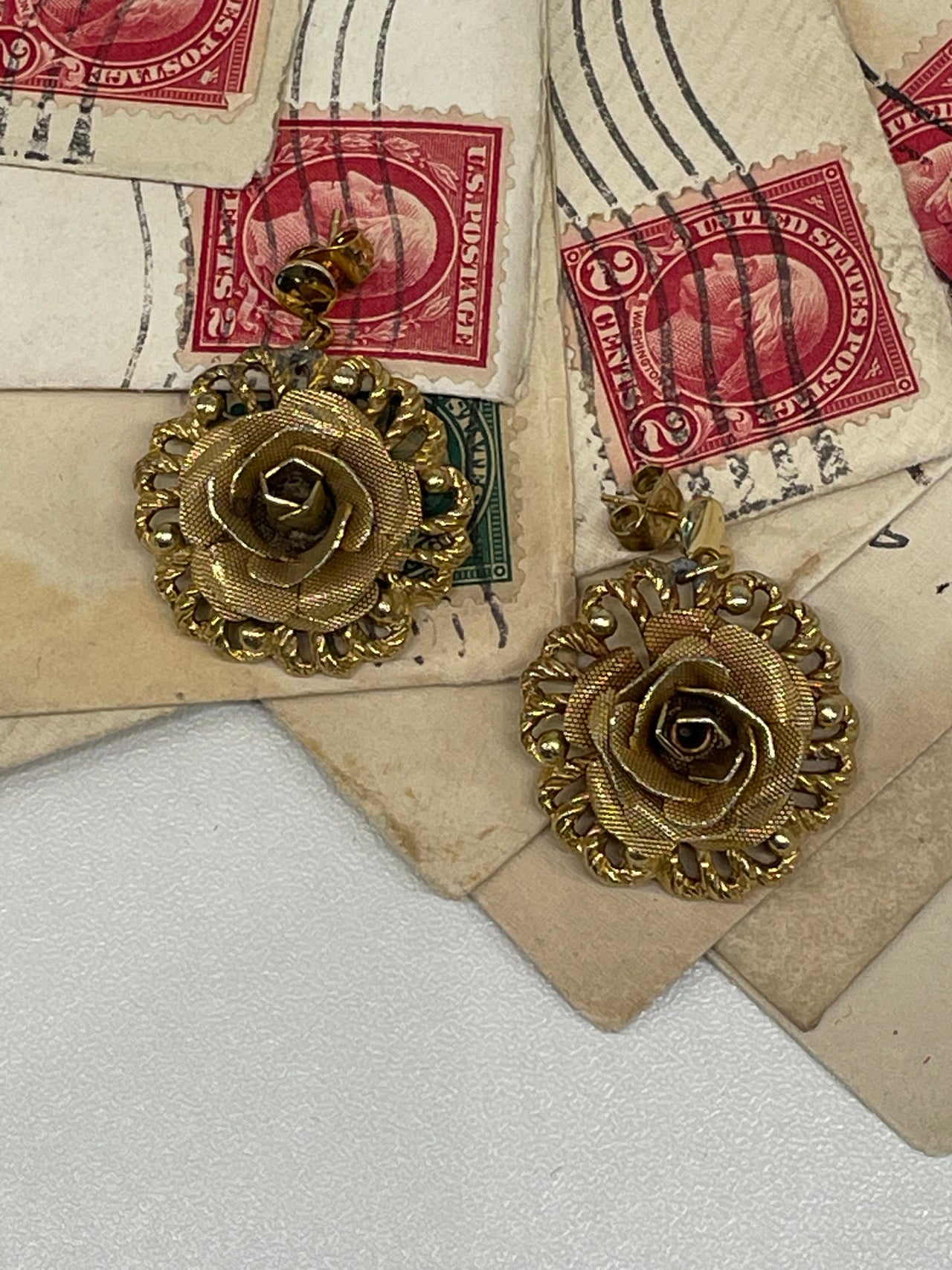Gold Rose Dangle Earrings Bloomers and Frocks 