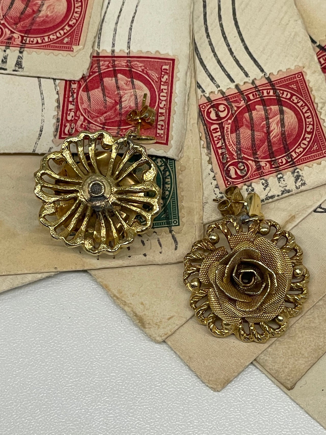 Gold Rose Dangle Earrings Bloomers and Frocks 