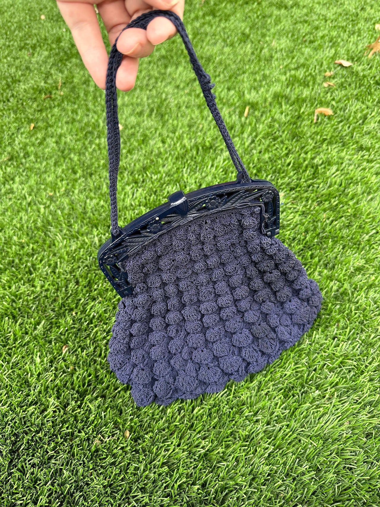 1930s Navy Knit Purse with Plastic Handle Bloomers and Frocks 