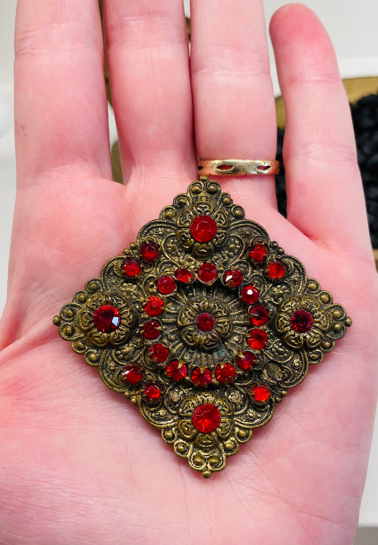 1930s Red Rhinestone Floral Brass Brooch Jewelry Bloomers and Frocks 