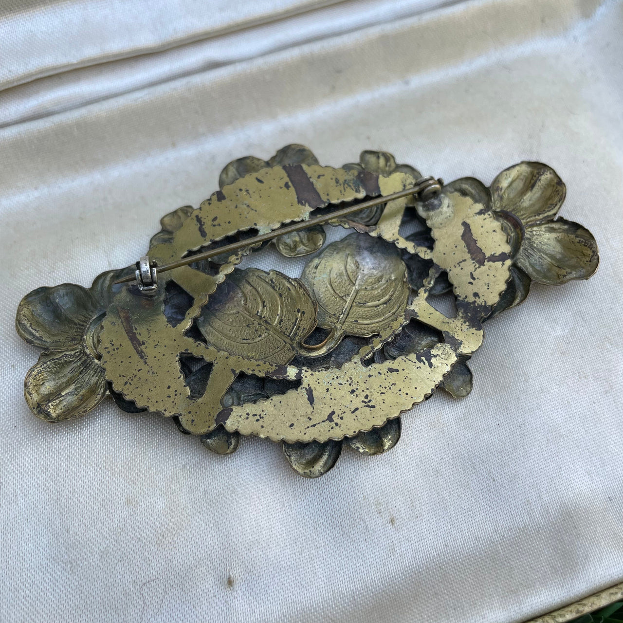 1930s Stamped Brass Floral Brooch Jewelry Bloomers and Frocks 