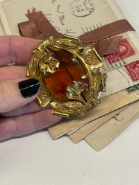 Thumbnail for 1940’s Czech Glass Amber and Gold Brooch Bloomers and Frocks 