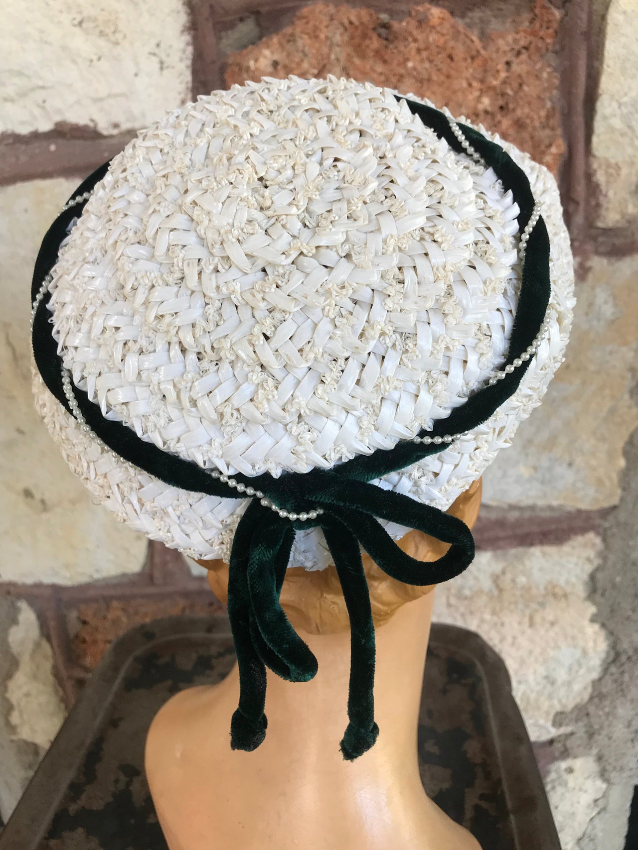 1940’s White Woven Hat with Green Velvet Trim Bloomers and Frocks 