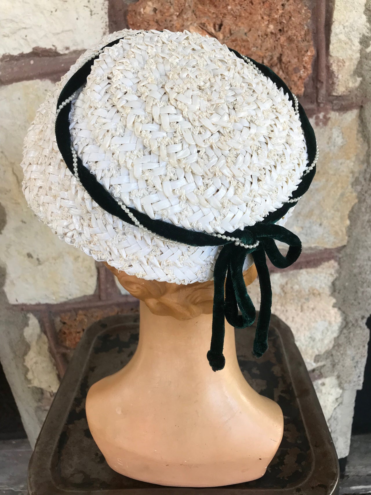 1940’s White Woven Hat with Green Velvet Trim Bloomers and Frocks 