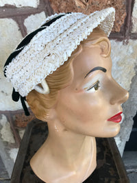 Thumbnail for 1940’s White Woven Hat with Green Velvet Trim Bloomers and Frocks 