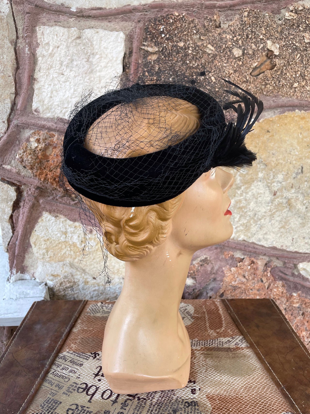 1960s Black Velvet Ring Open Top Net Hat Accessories Bloomers and Frocks 