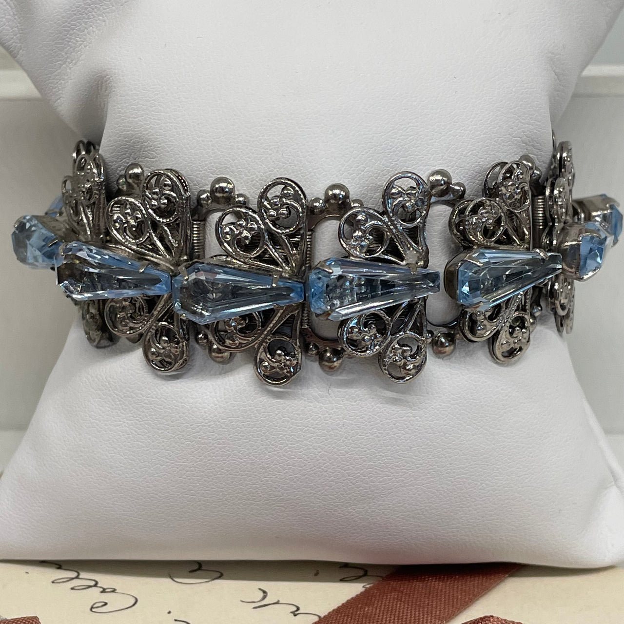 1960’s Blue Rhinestone Silver Book Chain Bracelet Bloomers and Frocks 