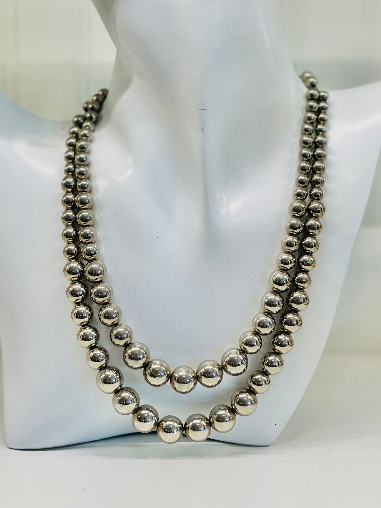 1960s Hobe Double Strand Silver Ball Necklace on Chain Jewelry Bloomers and Frocks 