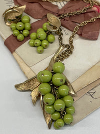Thumbnail for 1960’s Judy Green Beaded Grapes Necklace and Earrings Set Bloomers and Frocks 