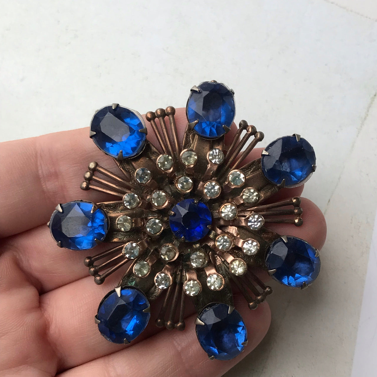 1960s Large Blue and Clear Rhinestone Brooch Jewelry Bloomers and Frocks 
