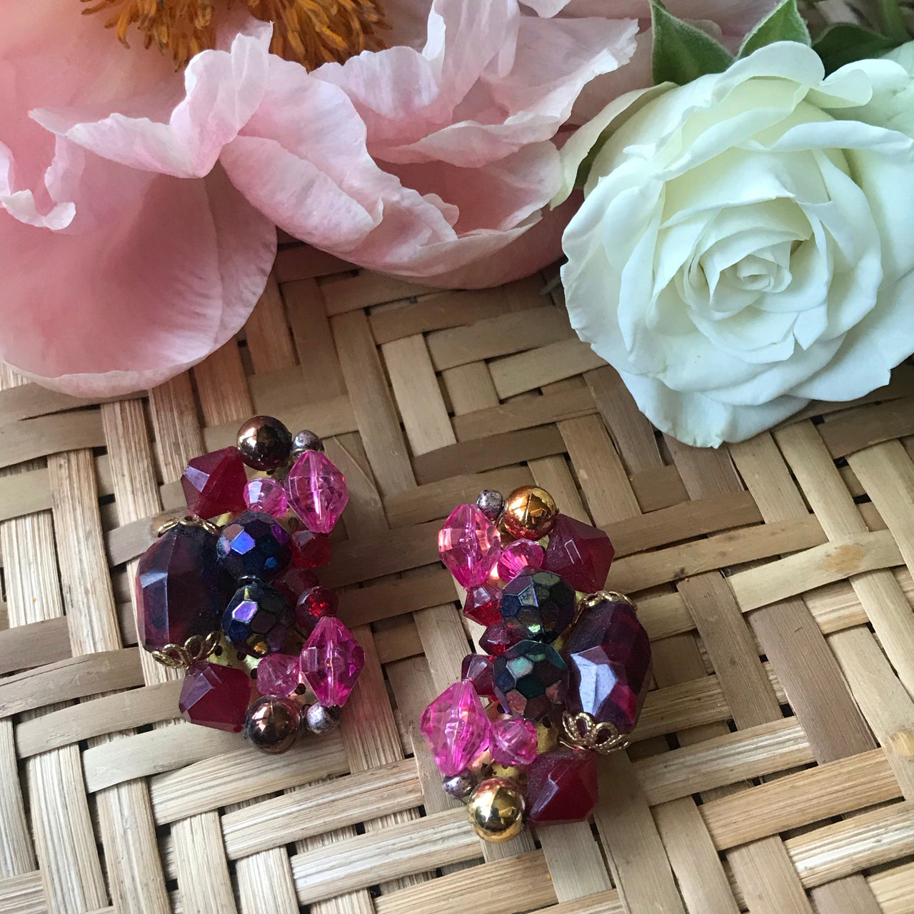 1960s Pink, Red, and Purple Beaded Clip On Earrings Jewelry Bloomers and Frocks 