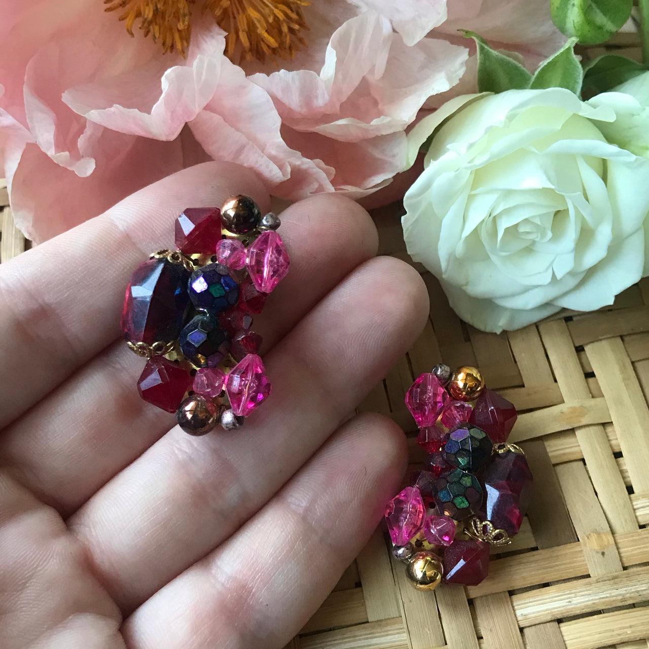 1960s Pink, Red, and Purple Beaded Clip On Earrings Jewelry Bloomers and Frocks 