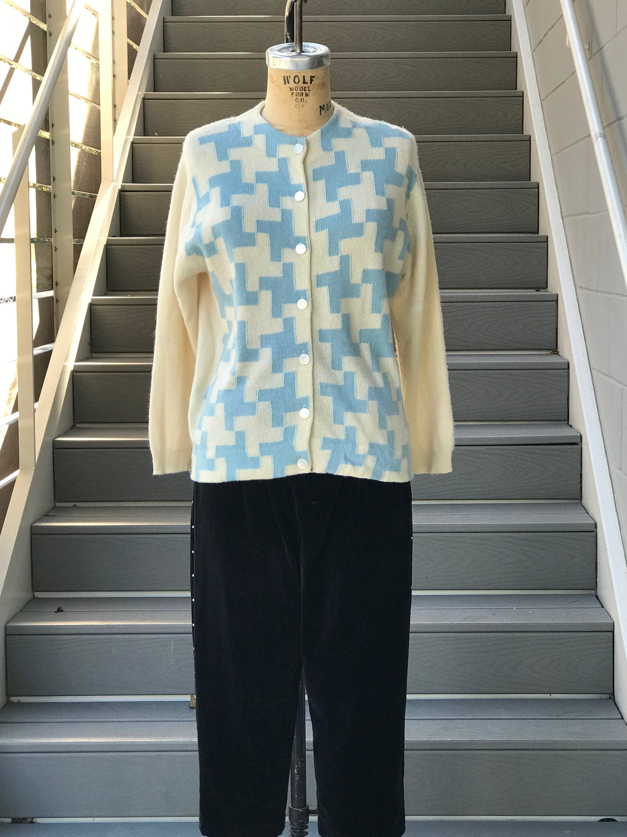 1960s Powder Blue and Cream Cashmere Cardigan Made in Scotland Bloomers and Frocks 