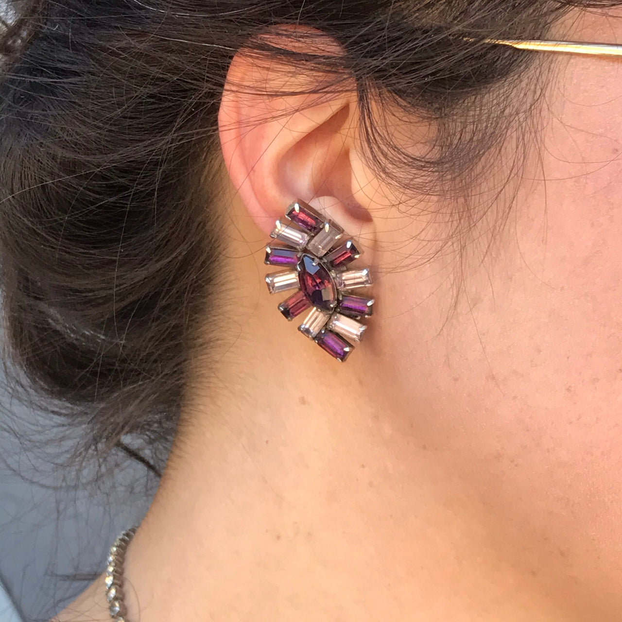 1960s Purple Rhinestone Earrings Jewelry Bloomers and Frocks 