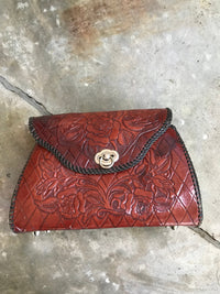 Thumbnail for 1960's Red Brown Leather Tooled Handbag Purse Bloomers and Frocks 