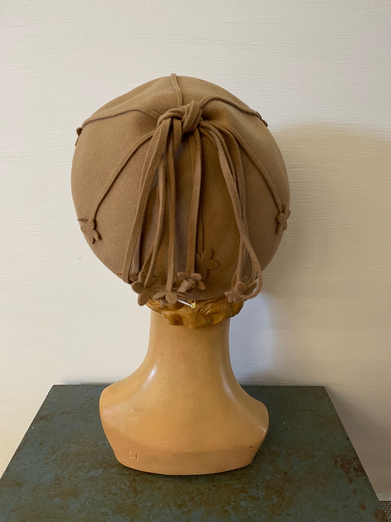 1960s Sandra Tan Felt Hat with Floral Dangles Bloomers and Frocks 