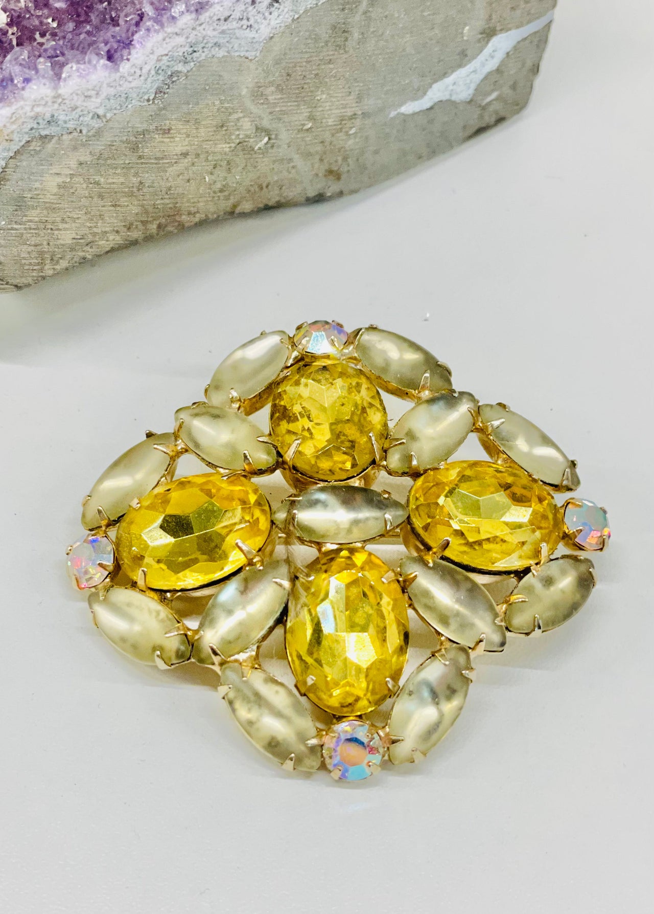 1960s Yellow AB and Grey Rhinestone Brooch Jewelry Bloomers and Frocks 