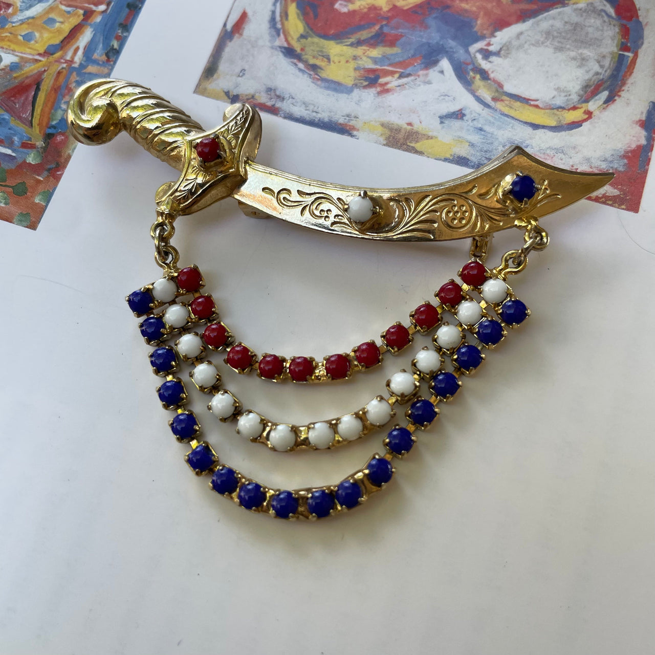 1970s Red, White, and Blue Sword Brooch Jewelry Bloomers and Frocks 