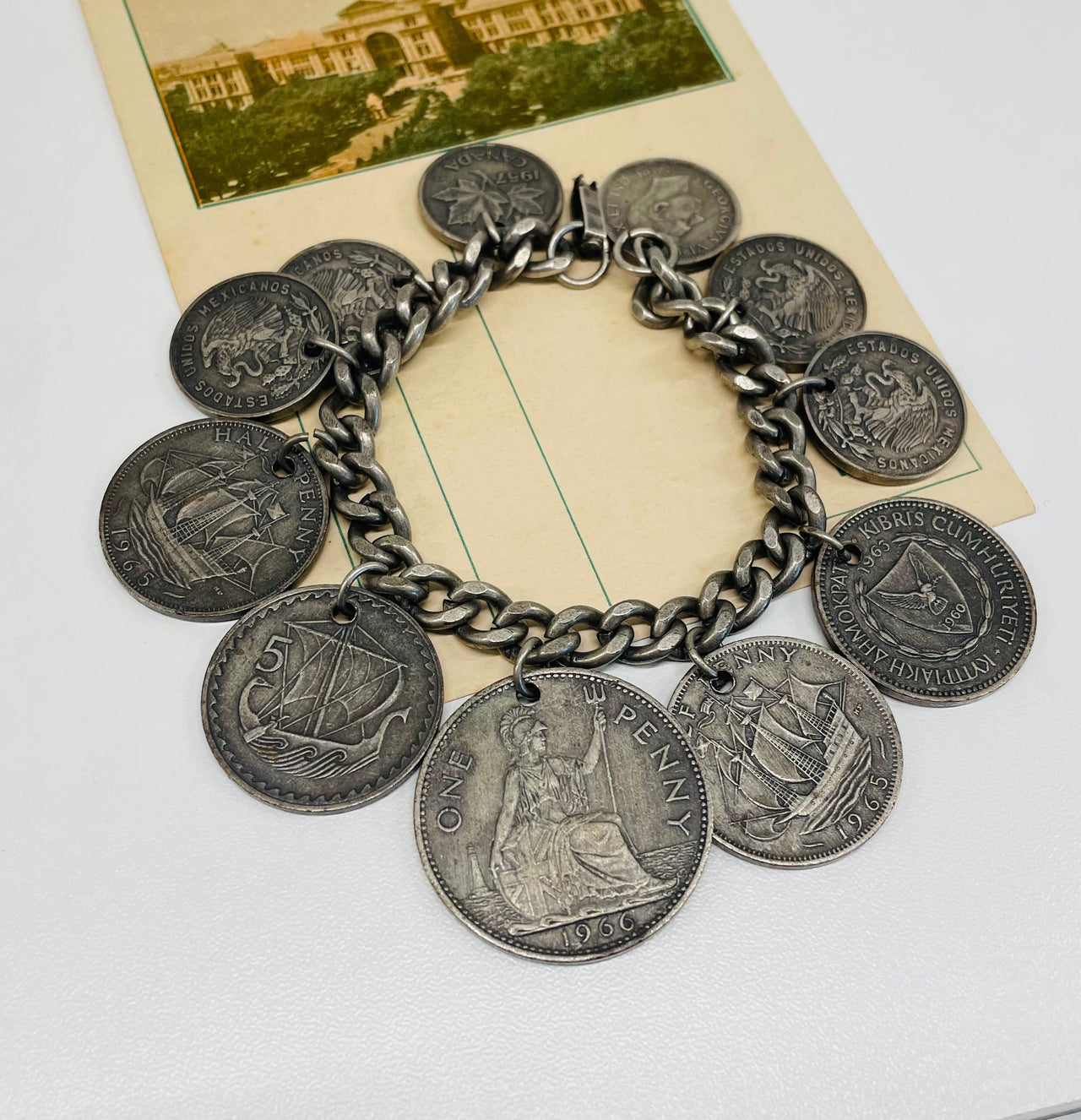 1970s Silver Mexican Coin Charm Bracelet Jewelry Bloomers and Frocks 