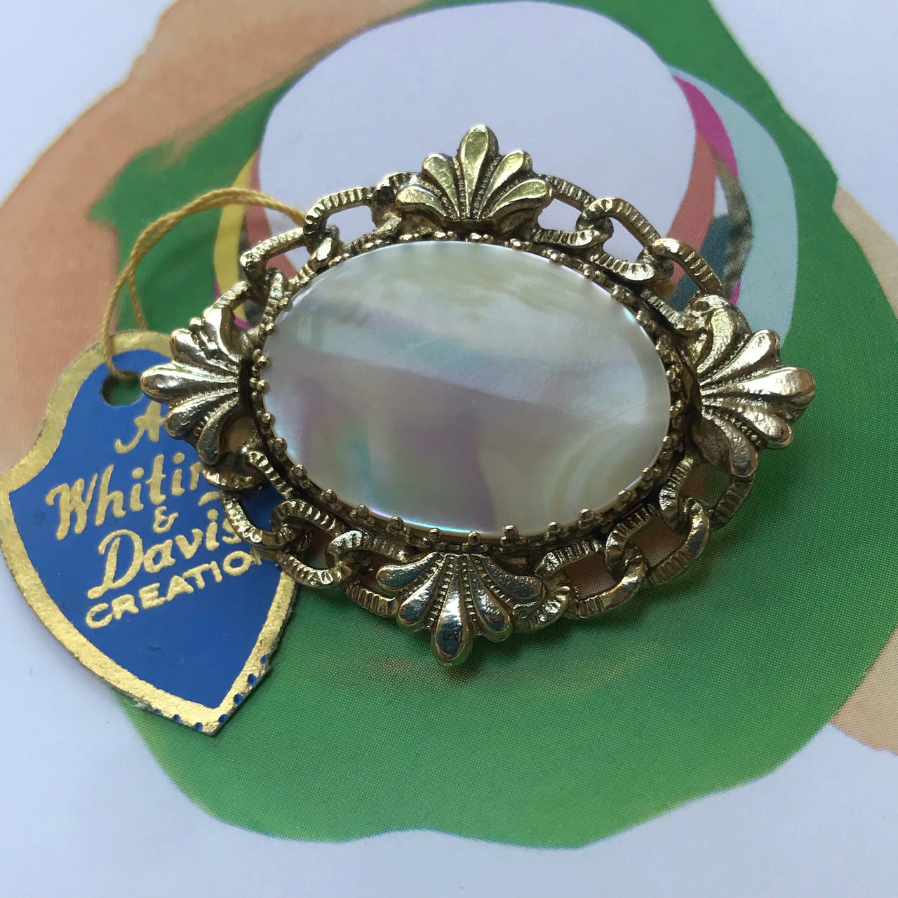 1970s Whiting and Davis Mother of Pearl Brooch Jewelry Bloomers and Frocks 