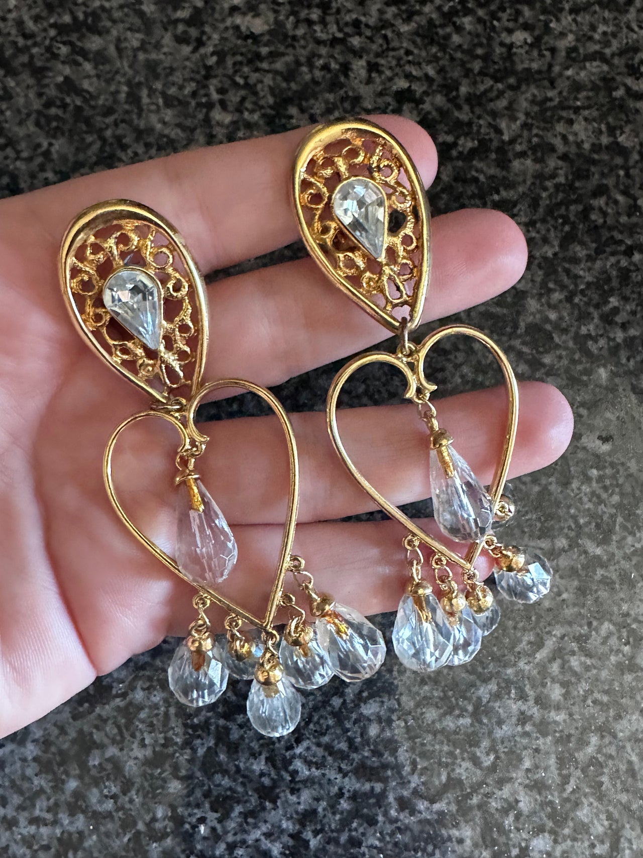 1980s Deadstock Gold Heart Crystal Dangle Clip Earrings Bloomers and Frocks 