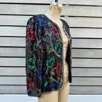 Thumbnail for 1980s Scalia Black Sequin Jacket with Multicolored Flowers Bloomers and Frocks 