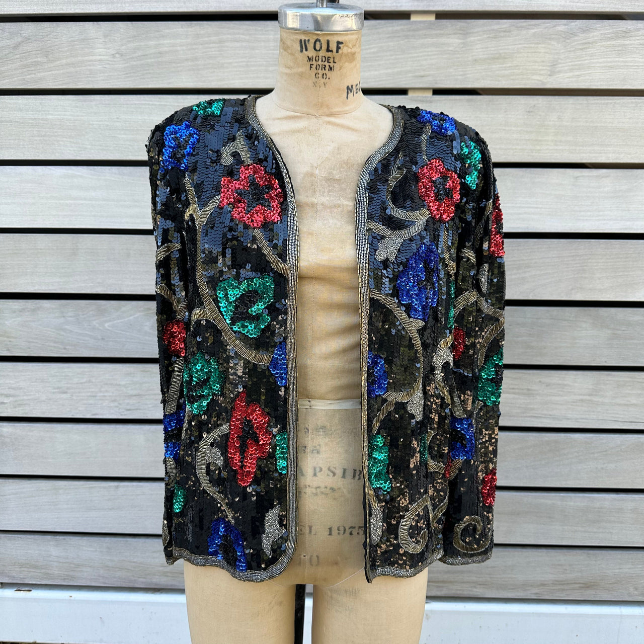 1980s Scalia Black Sequin Jacket with Multicolored Flowers Bloomers and Frocks 