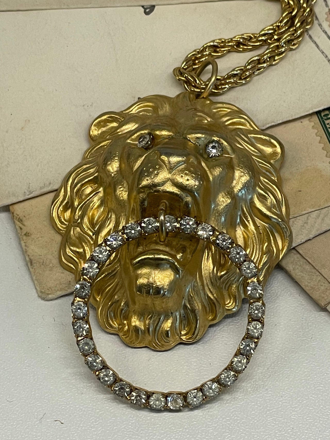 1990’s Gold Lion Rhinestone Door Knocker Necklace Bloomers and Frocks 