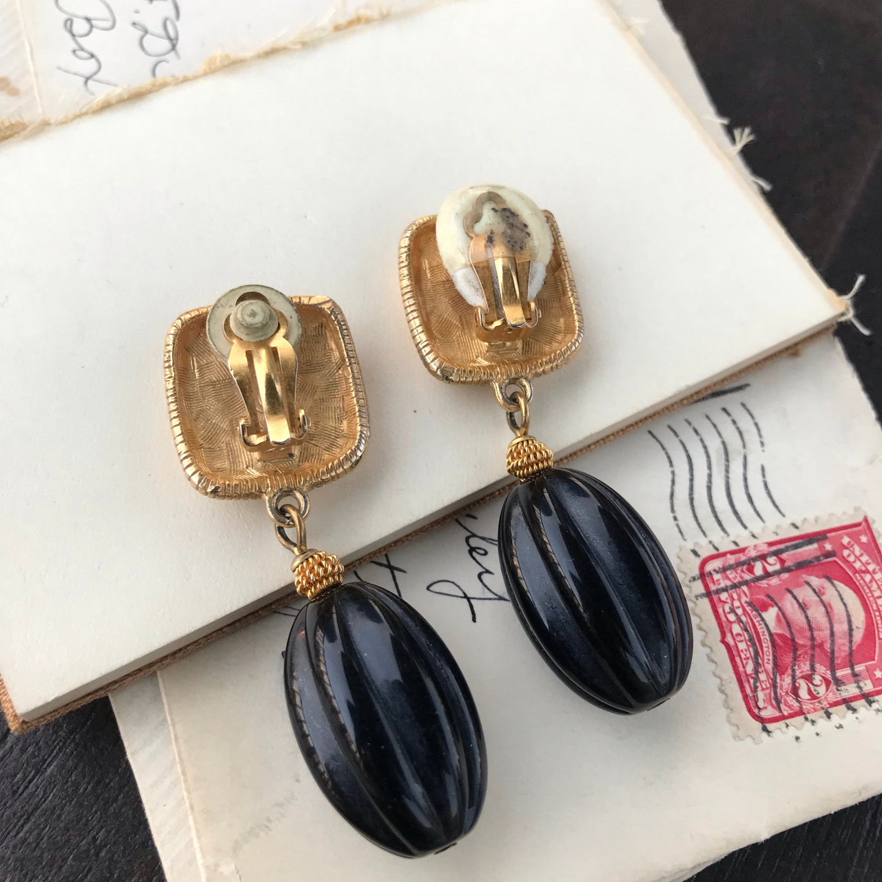 Black and Gold Clip Dangle Earrings Jewelry Bloomers and Frocks 