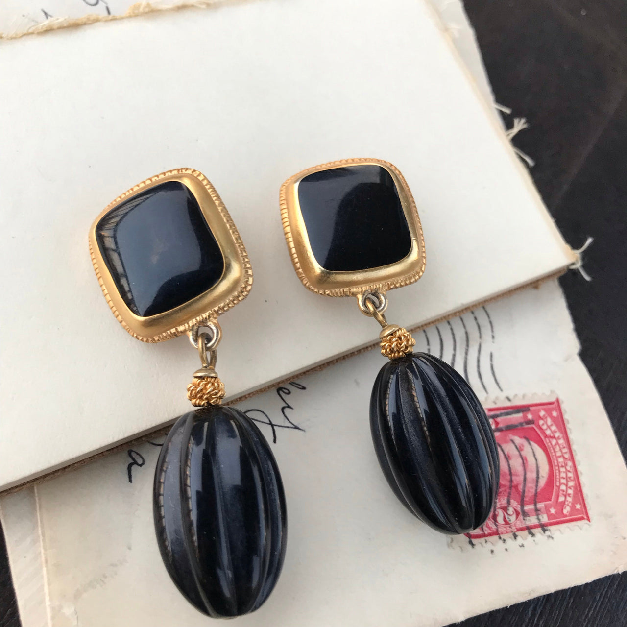 Black and Gold Clip Dangle Earrings Jewelry Bloomers and Frocks 