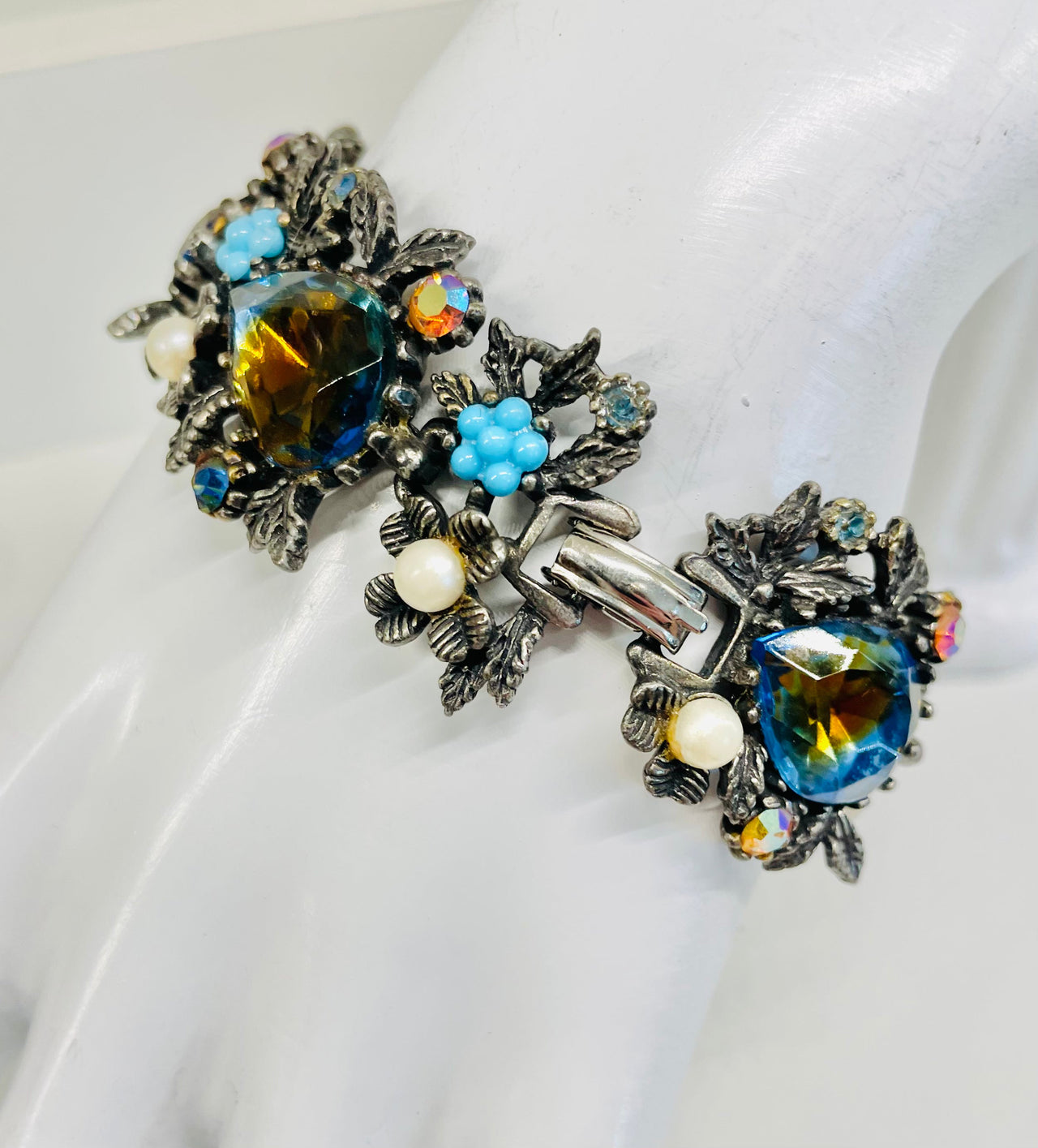 Blue Glass Pear and AB Rhinestone Flower Bracelet Jewelry Bloomers and Frocks 