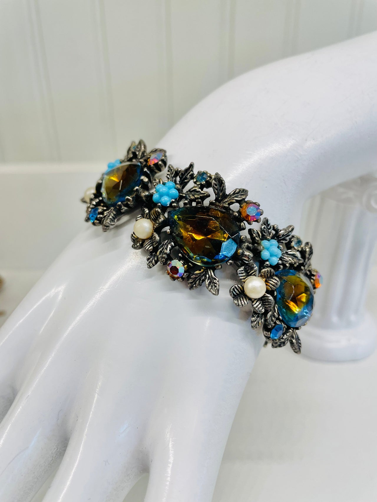 Blue Glass Pear and AB Rhinestone Flower Bracelet Jewelry Bloomers and Frocks 