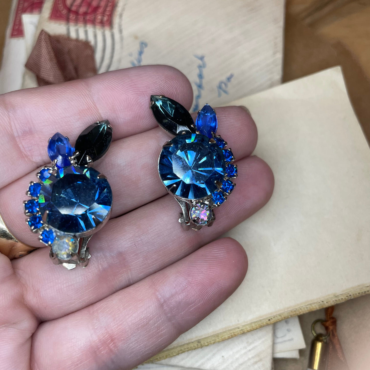 Blue Rhinestone Clip Earrings Jewelry Bloomers and Frocks 