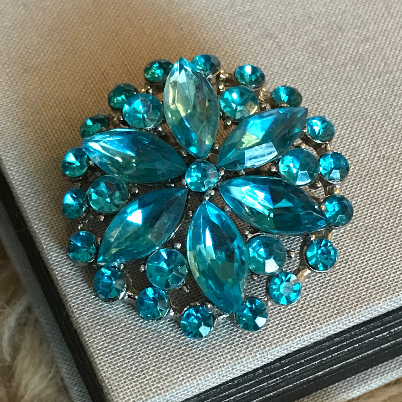 Blue Rhinestone Floral Burst Brooch Jewelry Bloomers and Frocks 