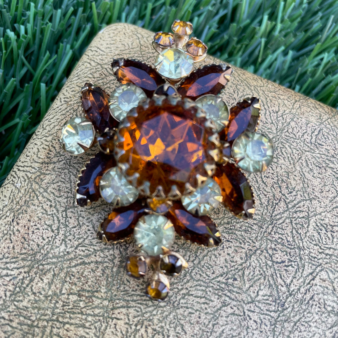 Brown and Yellow Rhinestone Brooch Jewelry Bloomers and Frocks 
