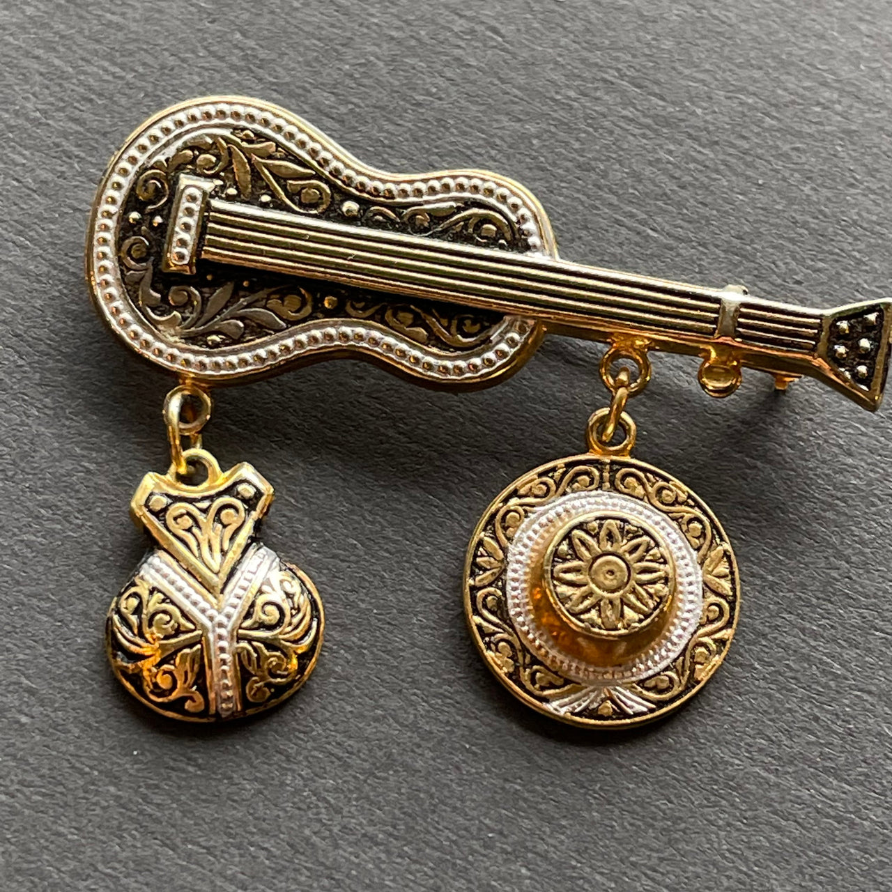 Damascene Spanish Guitar Brooch Jewelry Bloomers and Frocks 