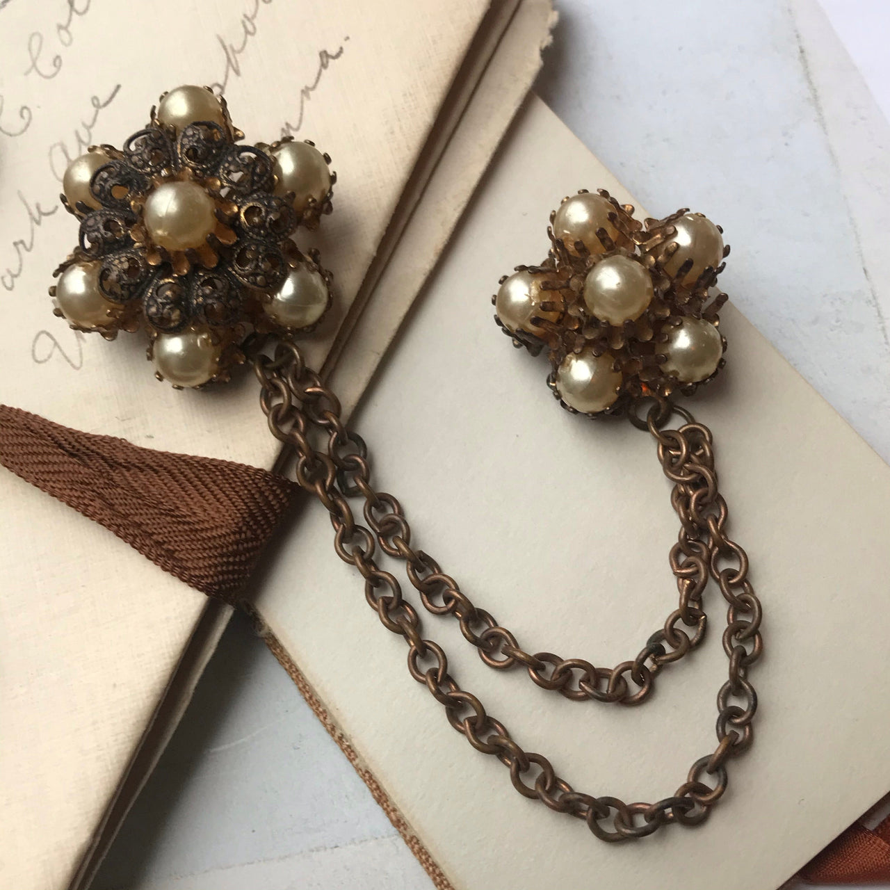 Double Pearl Chatelaine Brooch with Brass Chain Jewelry Bloomers and Frocks 