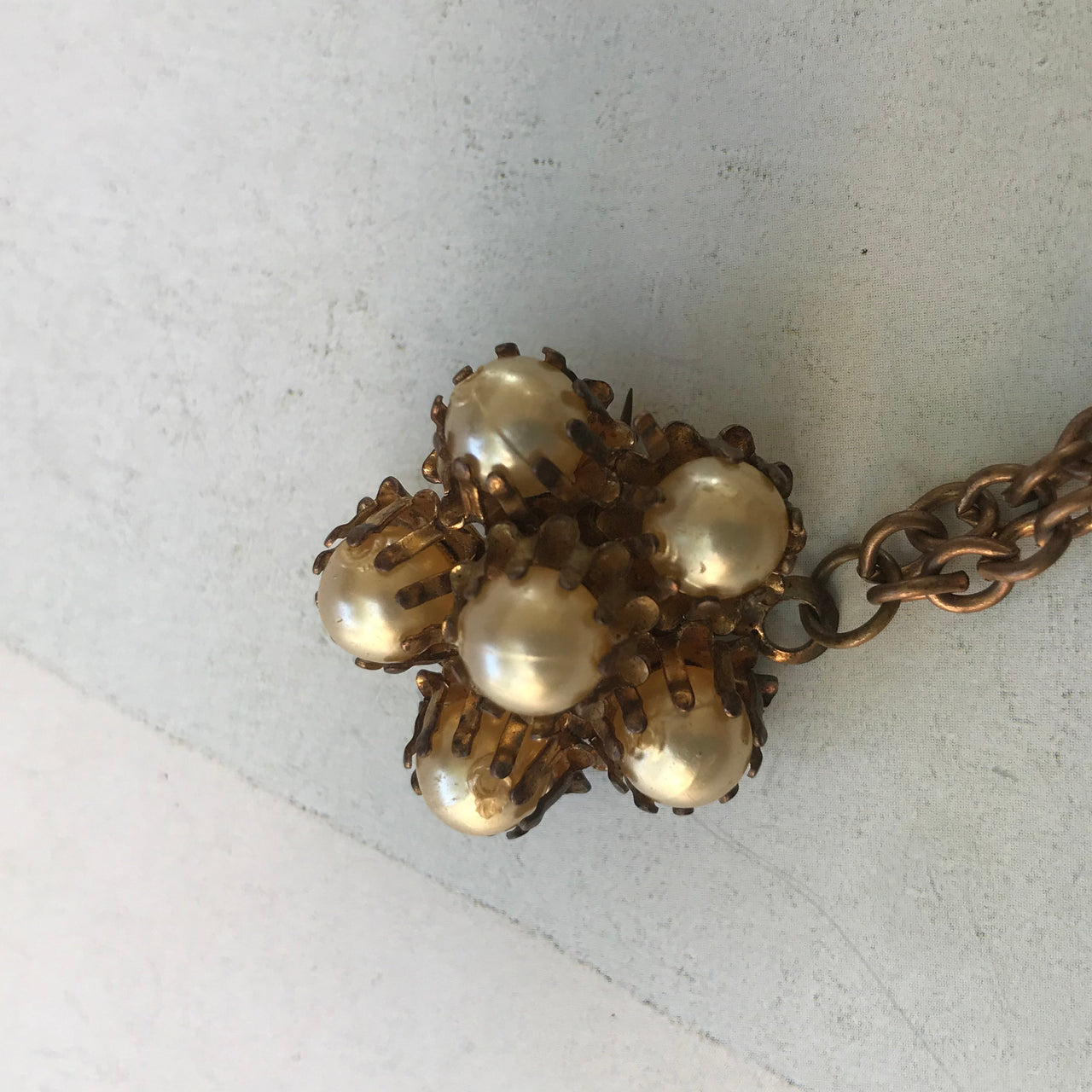 Double Pearl Chatelaine Brooch with Brass Chain Jewelry Bloomers and Frocks 