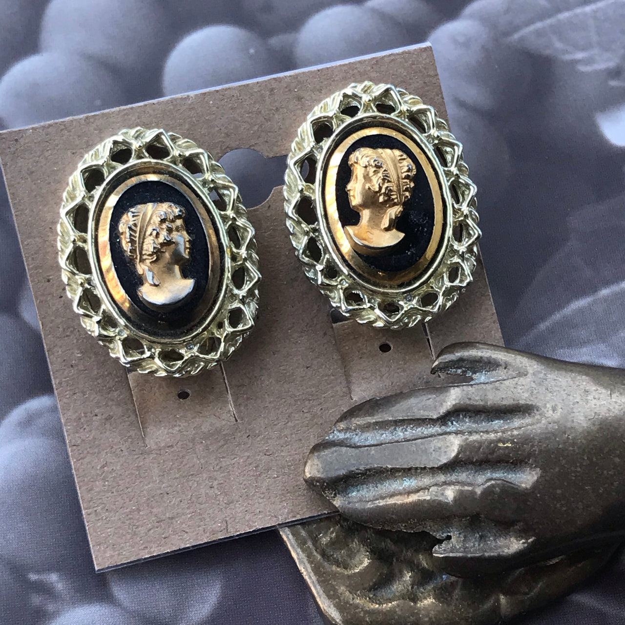 Gold and Black Cameo Clip Earrings Jewelry Bloomers and Frocks 