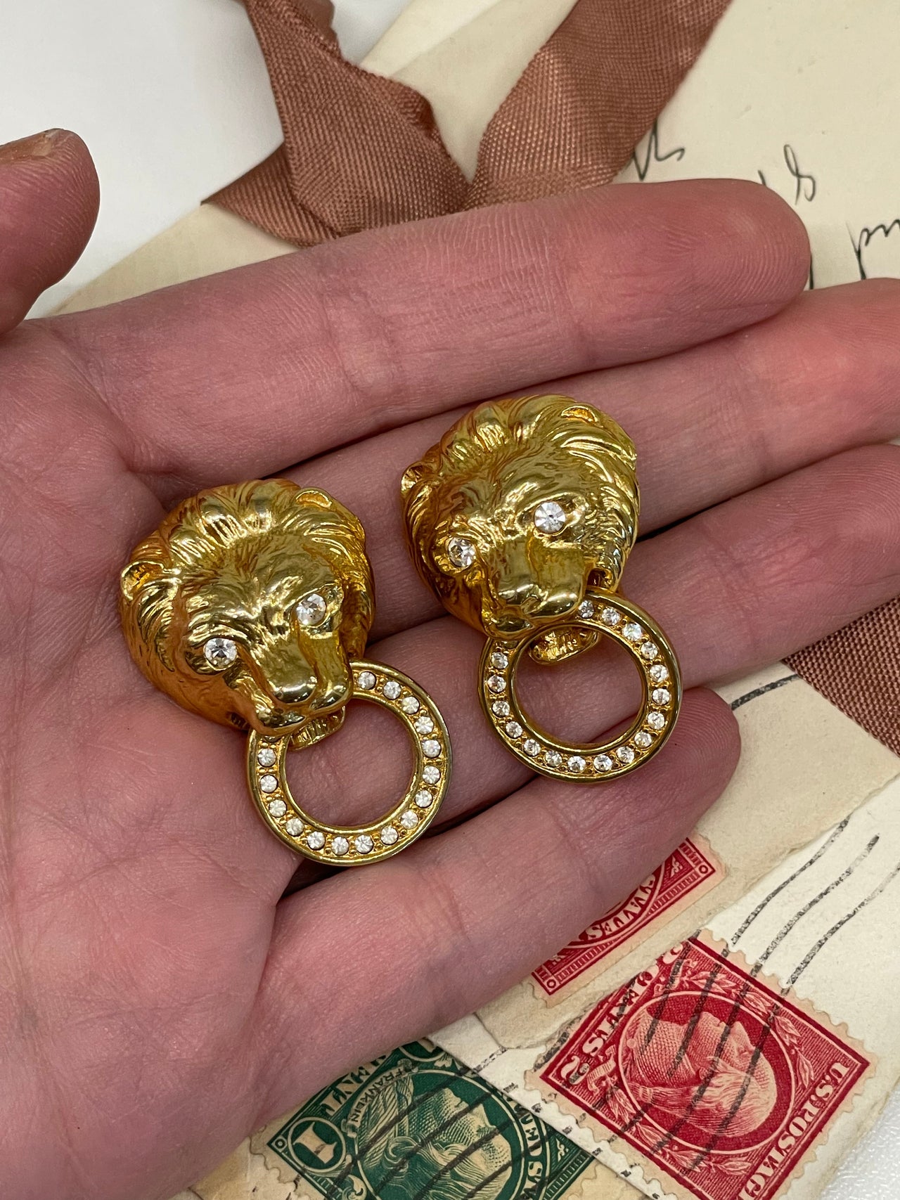 Gold Lion Door Knocker Earrings Bloomers and Frocks 