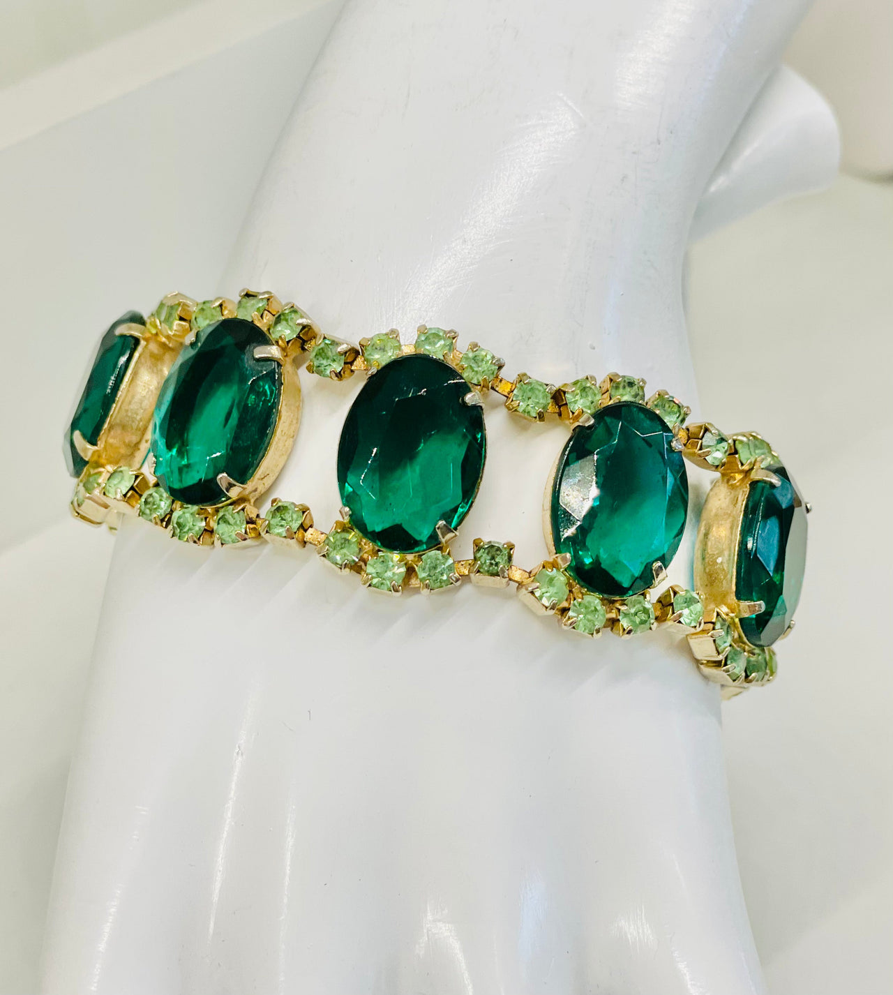 Green Two Tone Rhinestone and Faceted Glass Statement Bracelet Jewelry Bloomers and Frocks 