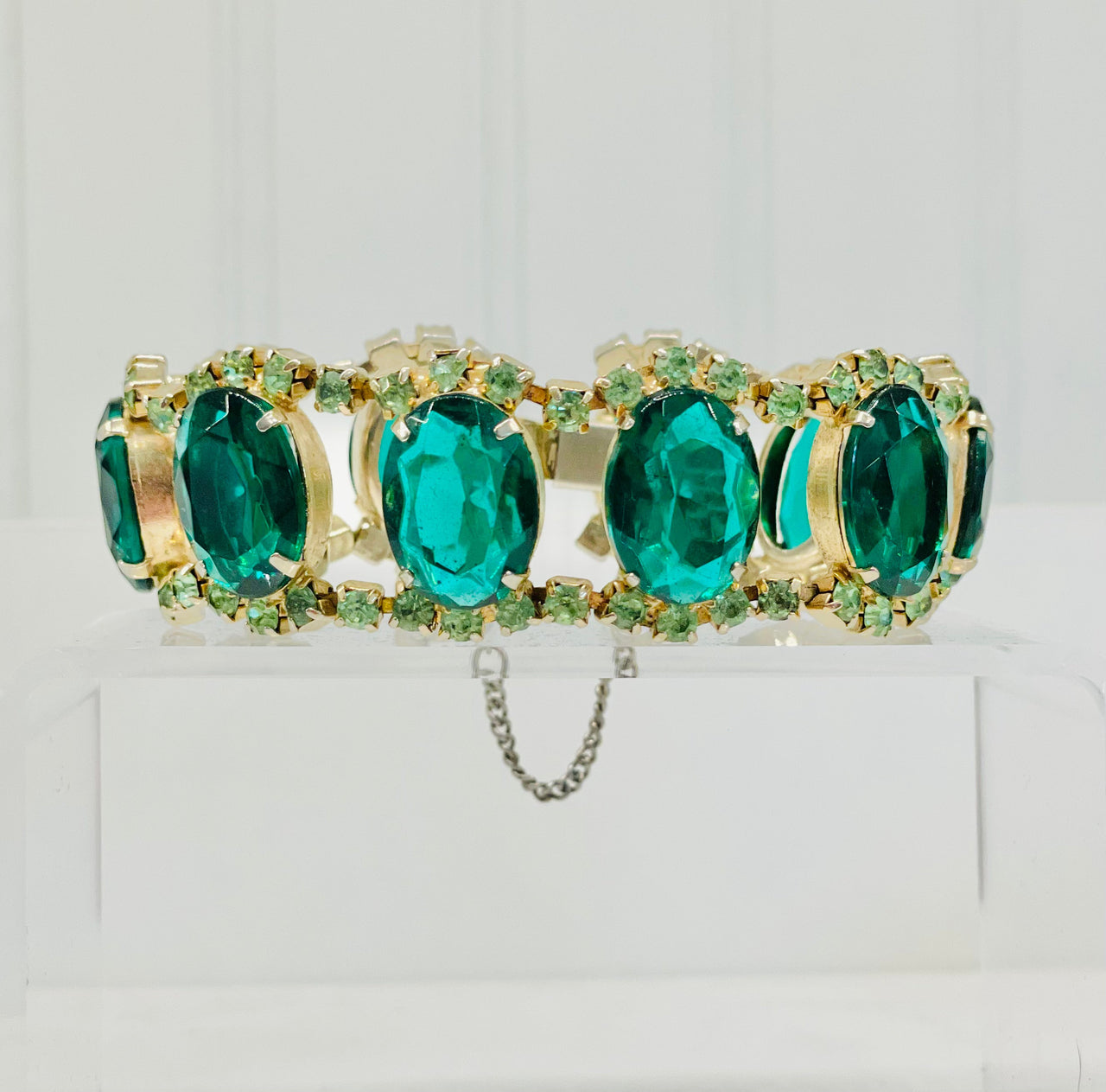 Green Two Tone Rhinestone and Faceted Glass Statement Bracelet Jewelry Bloomers and Frocks 