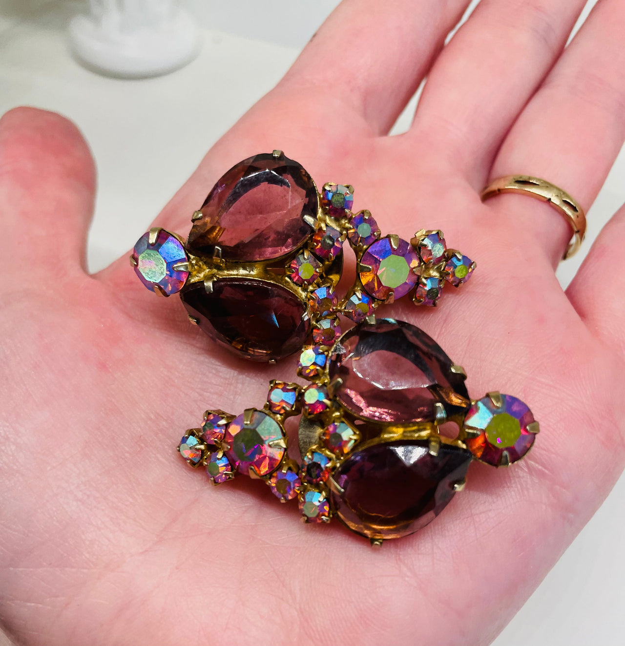 Large AB Rhinestone Purple Teardrop Clip Earrings Jewelry Bloomers and Frocks 