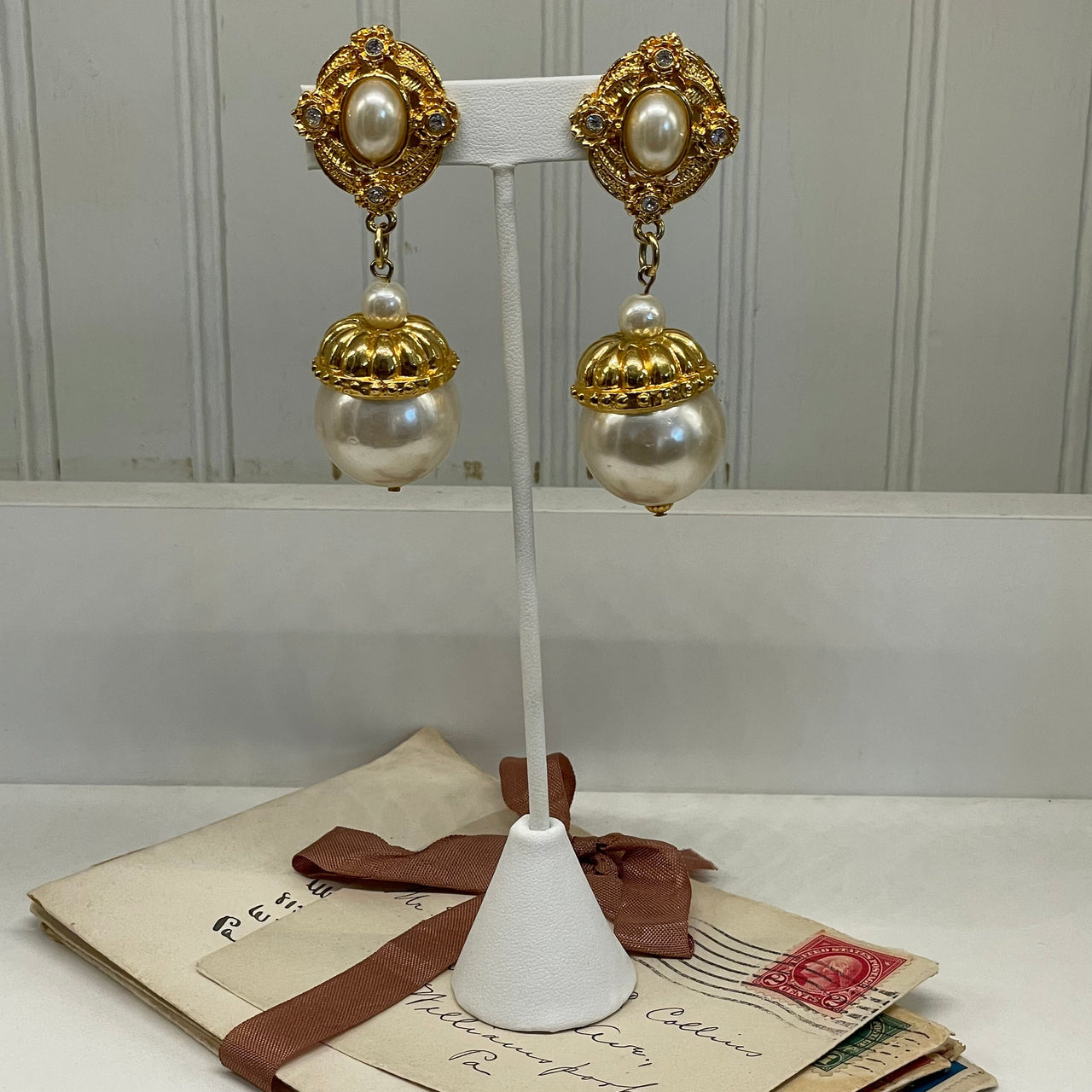 Large Gold and Pearl Dangle Earrings Bloomers and Frocks 