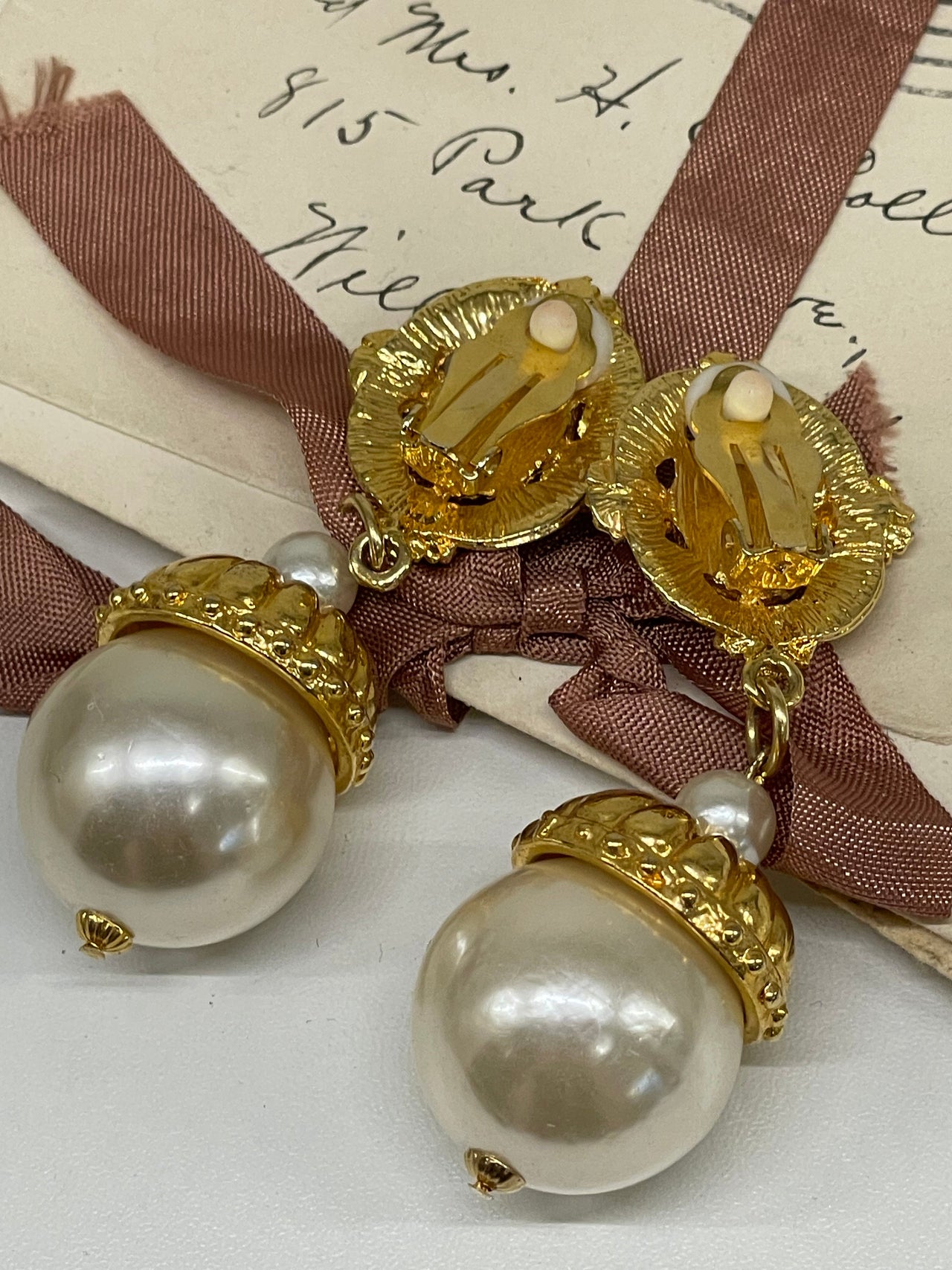 Large Gold Pearl and Rhinestone Earrings Bloomers and Frocks 