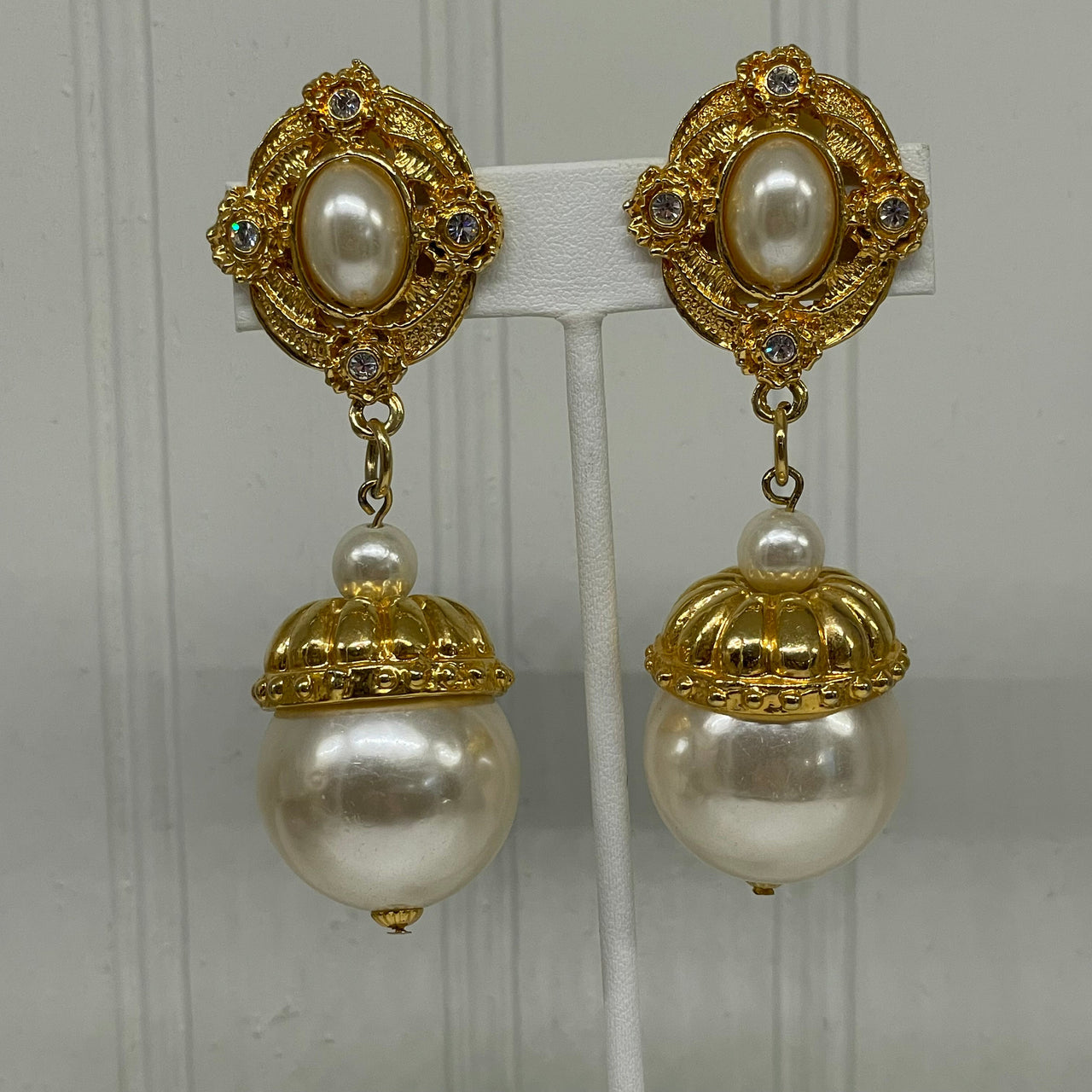 Large Gold Pearl and Rhinestone Earrings Bloomers and Frocks 