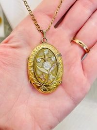 Thumbnail for Large Victorian Gold Filled Locket with Silver Flowers Jewelry Bloomers and Frocks 