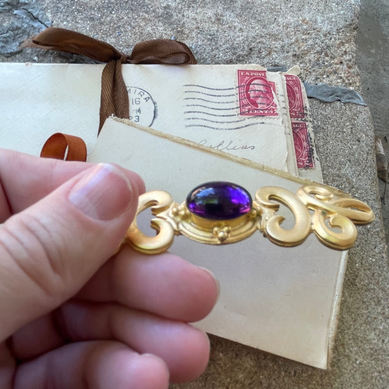 Matte Gold Brooch with a purple Cabochon Jewelry Bloomers and Frocks 