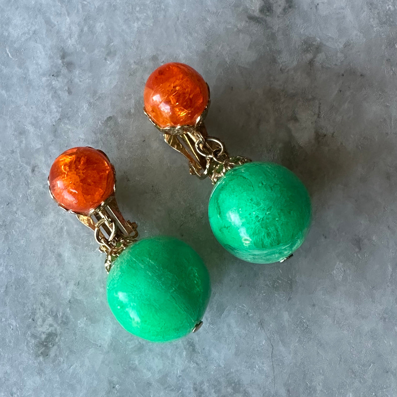 Orange and green clip on dangle earrings Bloomers and Frocks 