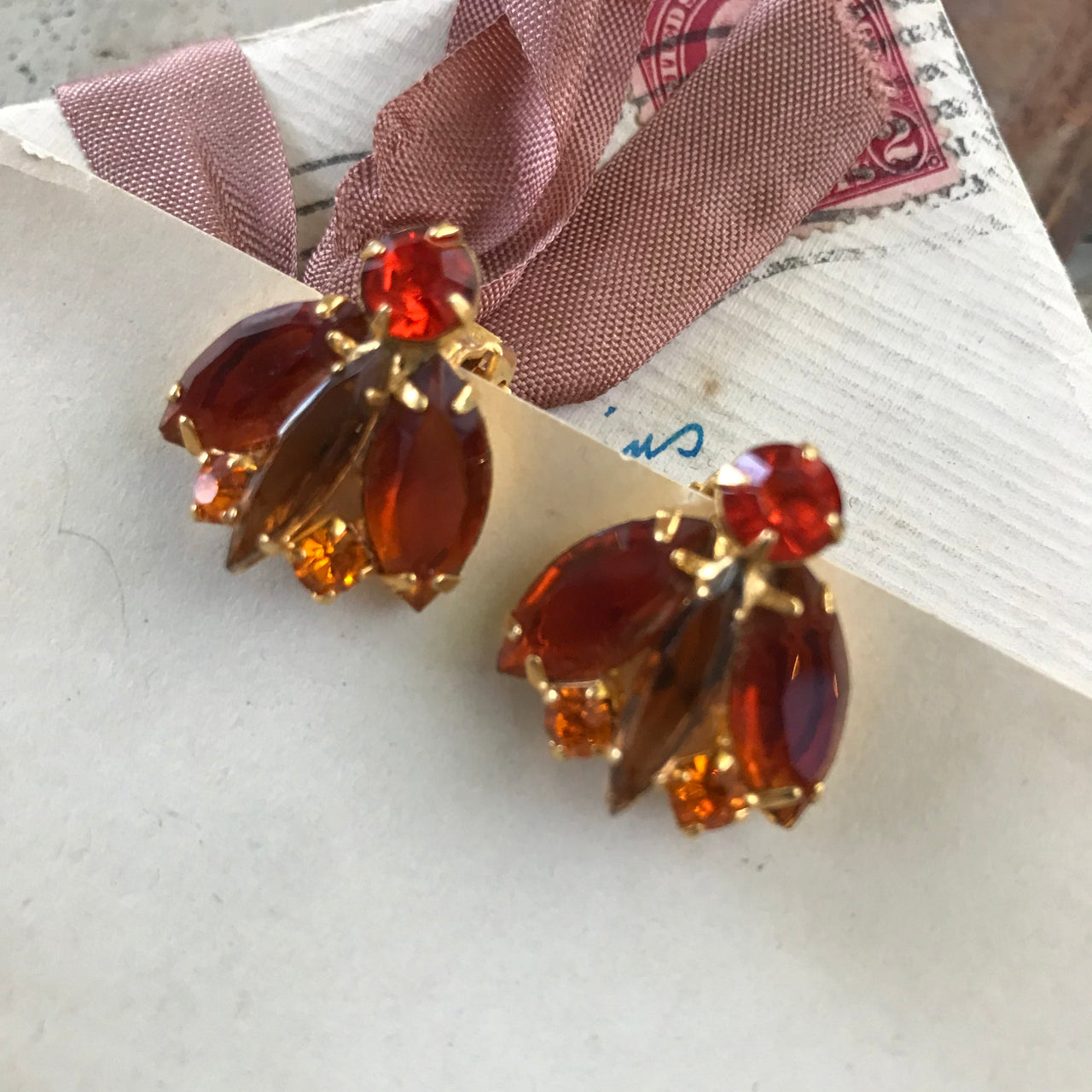 Orange Rhinestone Clip Earrings Jewelry Bloomers and Frocks 